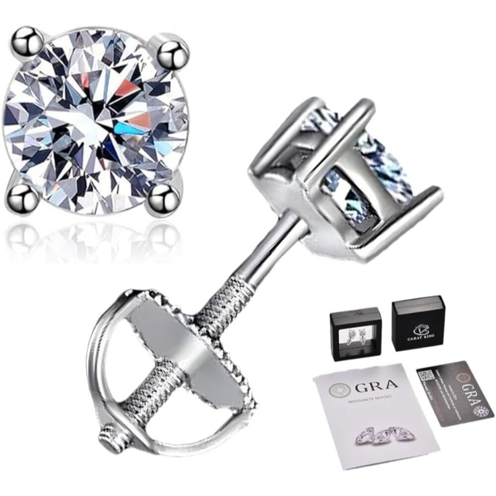 CARAT KING Moissanite Earrings 2ct 6.5mm Sterling Silver Stud Hypoallergenic for
